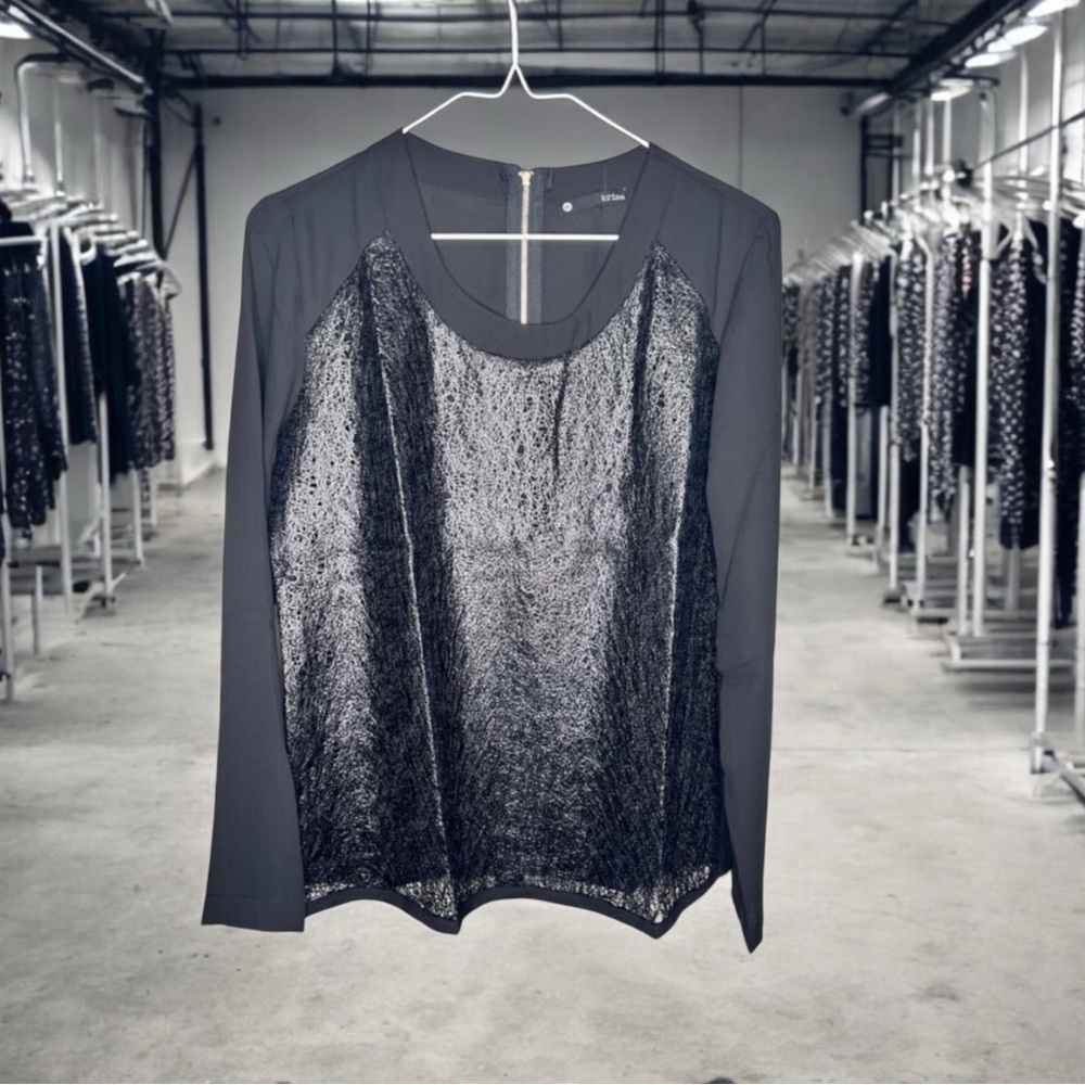 ☀️Krisa Revolve Black Metallic Lace Long Sleeve Crewneck Blouse Size XS NWT